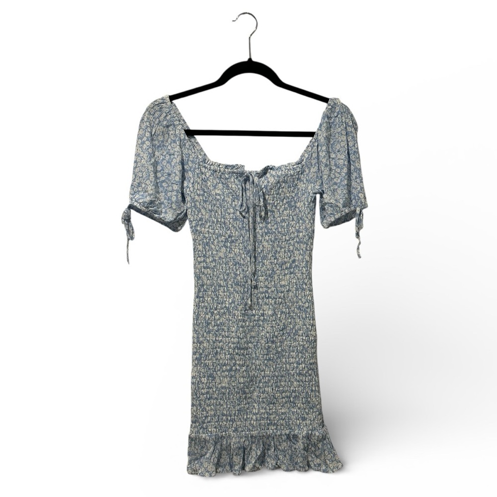 Lost + Wander Blue floral smocked mini dress cottagecore puff sleeve ruffle hem